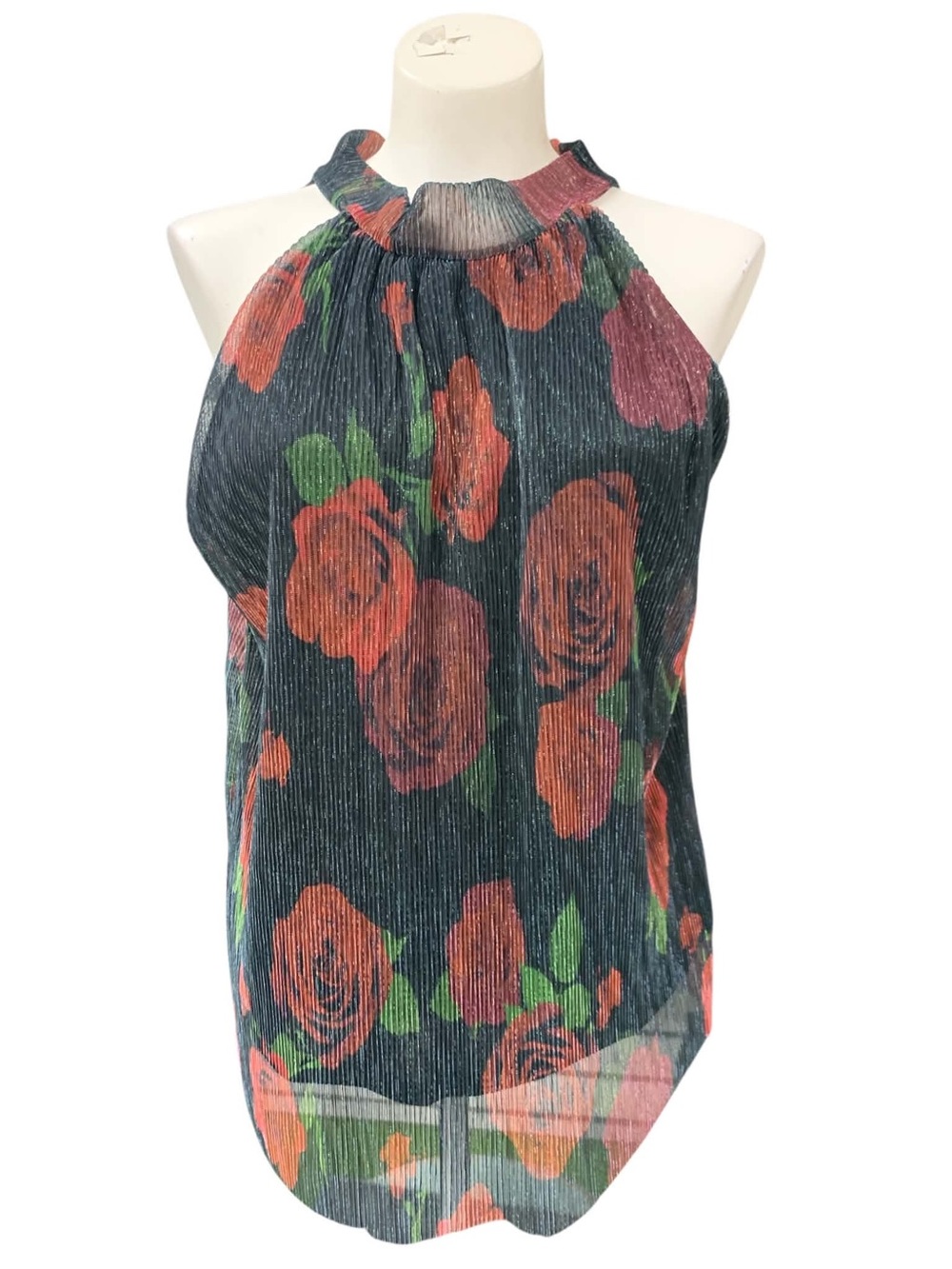 Suzy Shier NWT Black Halter Top with Red Rose Print Size M